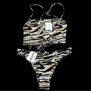 Skatie Bikini Set L Dylan Bottom High Cut Bandeau Knot Top Animal Print